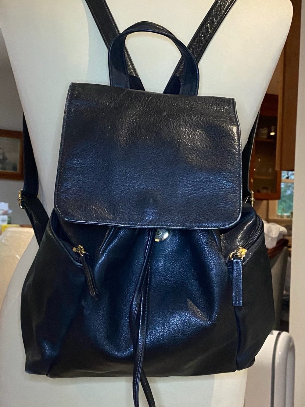 Vintage Ted Benson Collection Black Leather Backpack Drawstring Gold Hardware